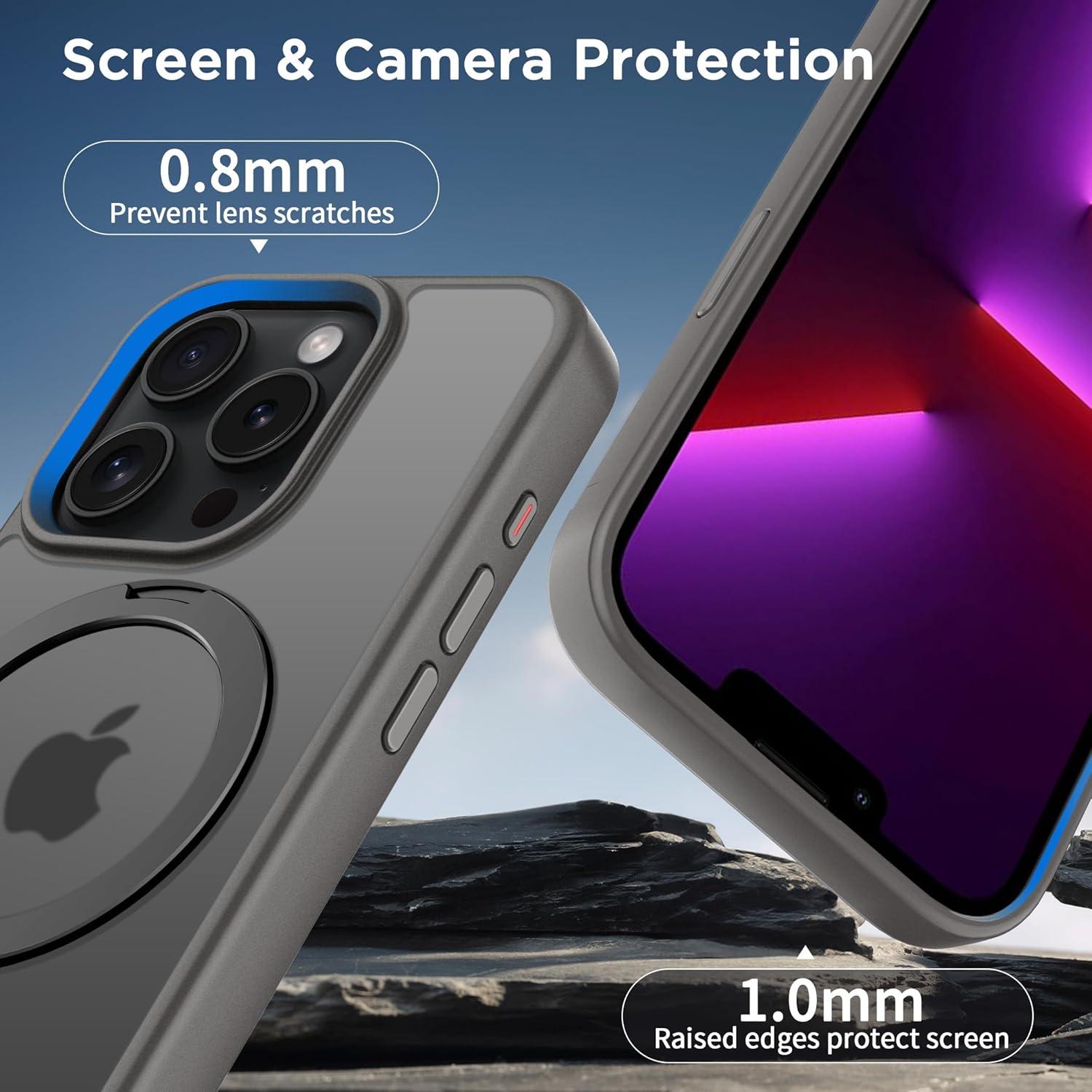 imageCACOE Magnetic Case for iPhone 16 61 inch with 360 Rotatable Ring Stand Compatible with MagSafe Car Phone Mount Cases Cover Phone Holder for Desk MeetingVideosMatte BlackLight Gray