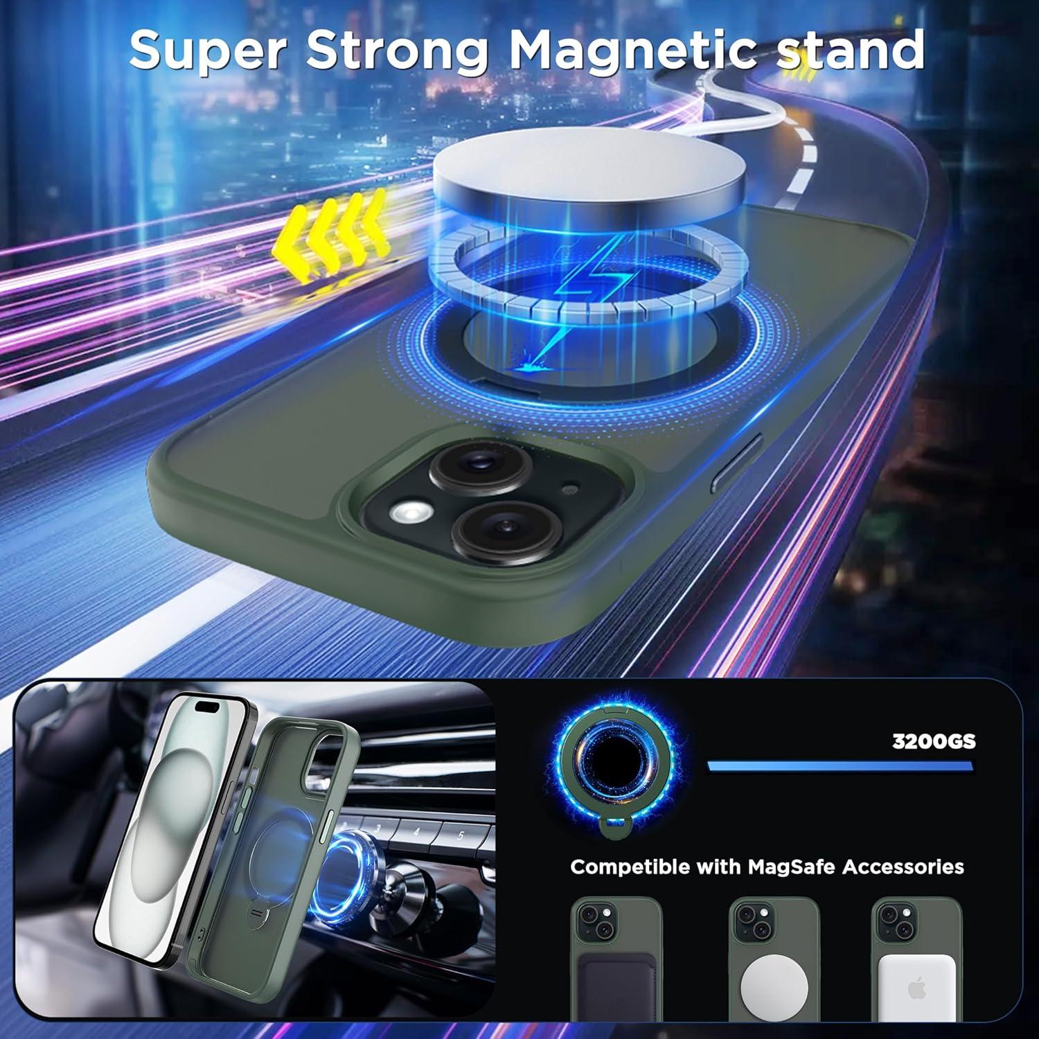 imageCACOE Magnetic Case for iPhone 16 61 inch with 360 Rotatable Ring Stand Compatible with MagSafe Car Phone Mount Cases Cover Phone Holder for Desk MeetingVideosMatte BlackDark Green