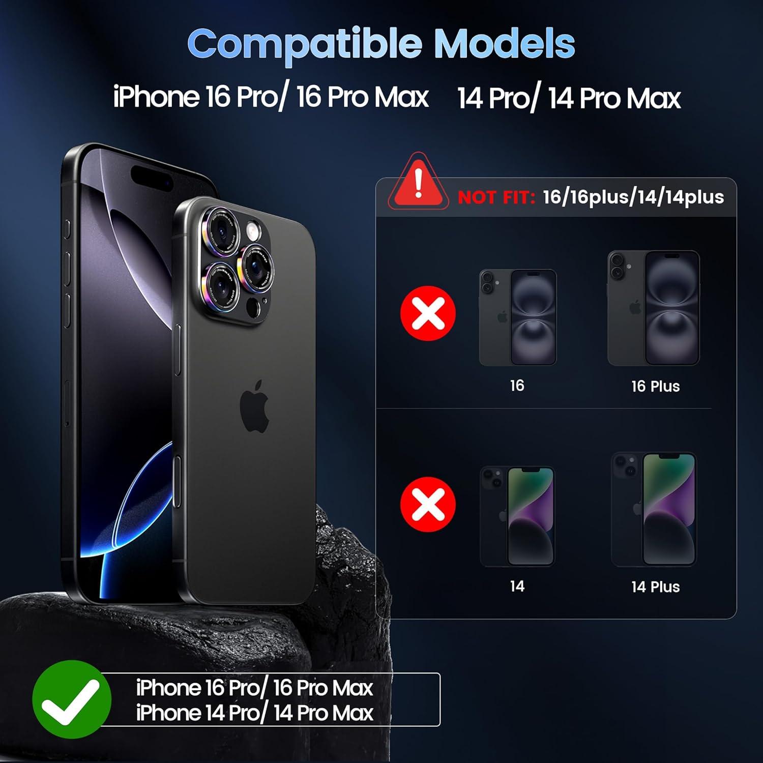 imageCACOE for iPhone 14 Pro14 Pro Max16 Pro16 Pro Max Camera Lens Protector Metal Frame Tempered Glass Cover AntiScratch DropProofStrongAdhesion Camera Screen CoverBlackColorful