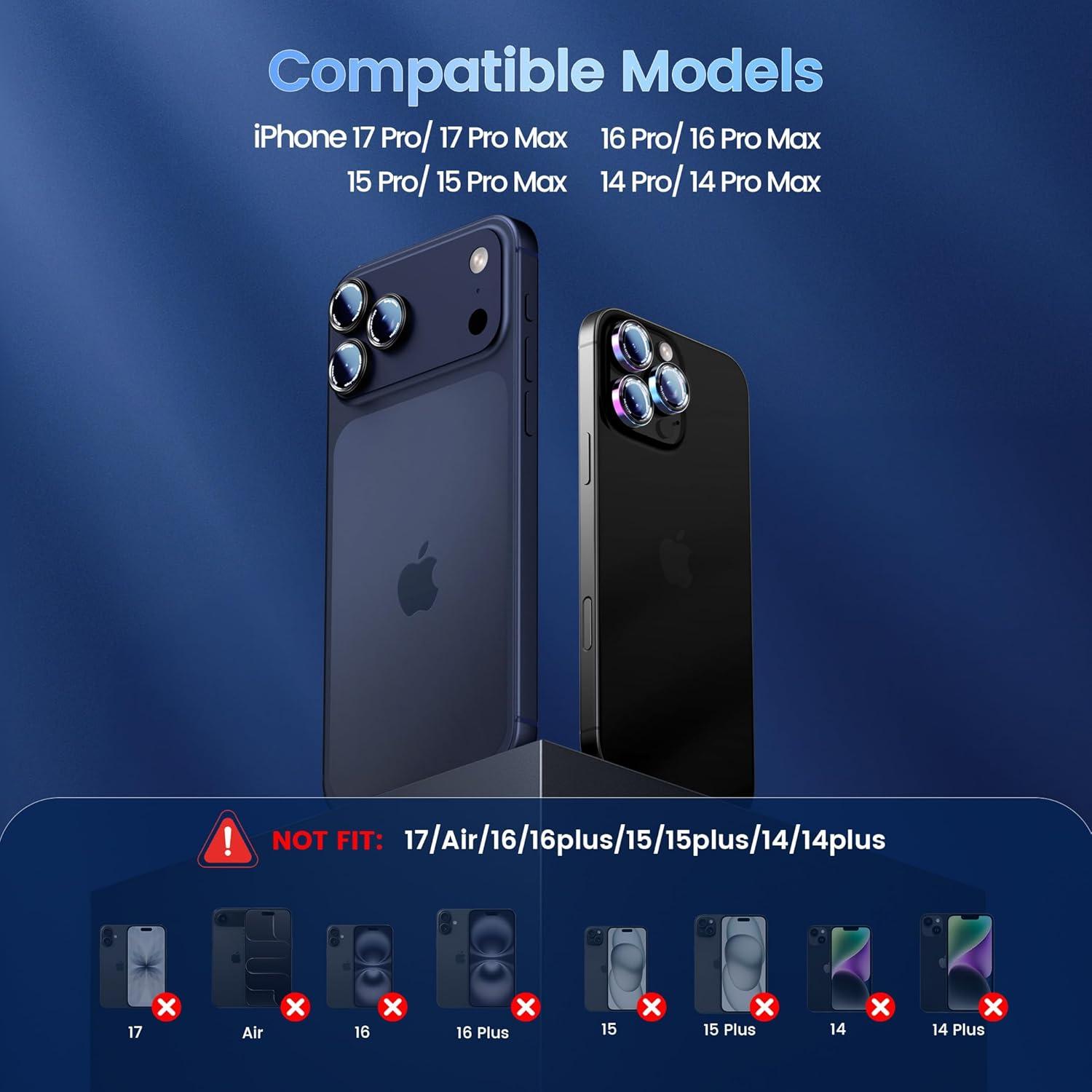 imageCACOE for iPhone 17 Pro Max17 Pro16 Pro Max16 Pro15 Pro Max15 Pro14 Pro Max14 Pro Camera Lens Protector AntiScratch DropProofStrongAdhesion Camera Screen CoverDark BlueColorful