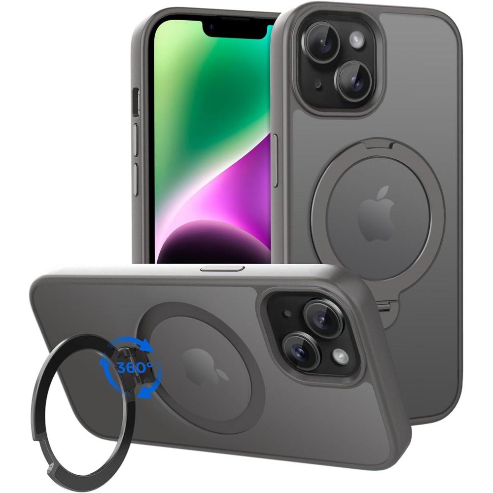imageCACOE Magnetic Case for iPhone 16 61 inch with 360 Rotatable Ring Stand Compatible with MagSafe Car Phone Mount Cases Cover Phone Holder for Desk MeetingVideosMatte BlackLight Gray