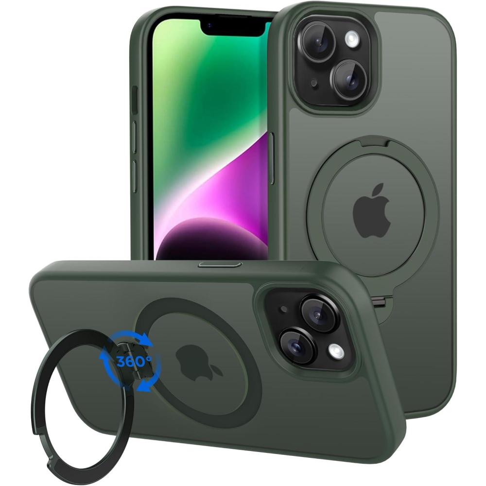 imageCACOE Magnetic Case for iPhone 16 61 inch with 360 Rotatable Ring Stand Compatible with MagSafe Car Phone Mount Cases Cover Phone Holder for Desk MeetingVideosMatte BlackDark Green
