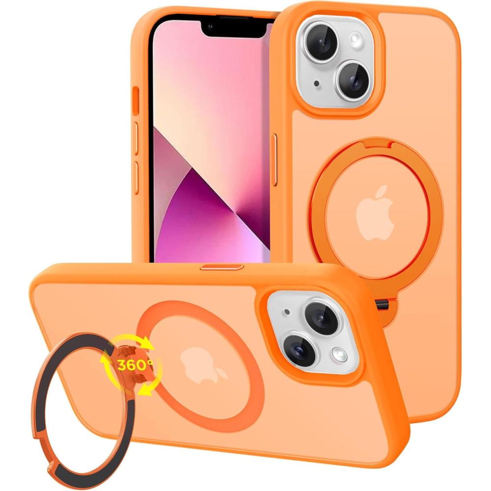 imageCACOE Magnetic Case for iPhone 16 61 inch with 360 Rotatable Ring Stand Compatible with MagSafe Car Phone Mount Cases Cover Phone Holder for Desk MeetingVideosMatte BlackOrange