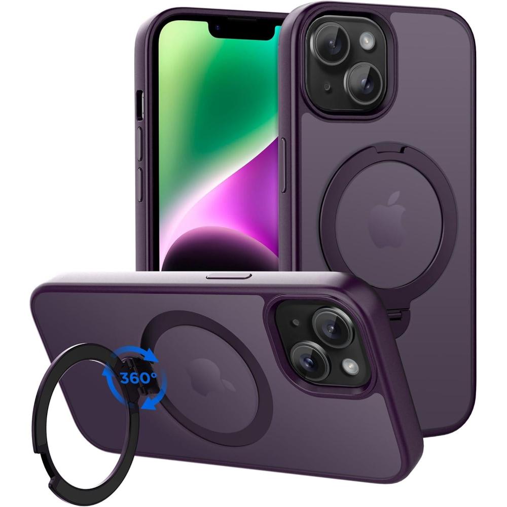 imageCACOE Magnetic Case for iPhone 16 61 inch with 360 Rotatable Ring Stand Compatible with MagSafe Car Phone Mount Cases Cover Phone Holder for Desk MeetingVideosMatte BlackDark Purple