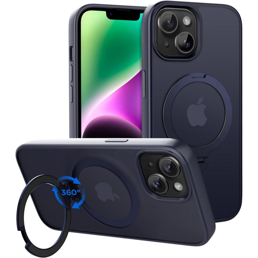 imageCACOE Magnetic Case for iPhone 16 61 inch with 360 Rotatable Ring Stand Compatible with MagSafe Car Phone Mount Cases Cover Phone Holder for Desk MeetingVideosMatte BlackDark Blue