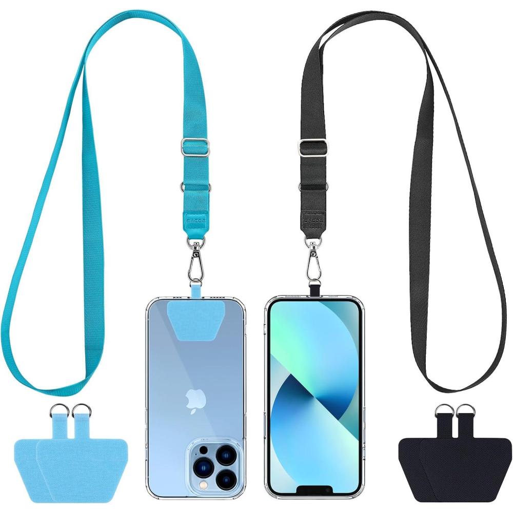 imageCACOE Phone Lanyard 2 Pack2 Adjustable Neck Strap2 Phone PatchesUniversal Cell Phone Multifuctional Patch Lanyards Compatible with Most SmartphonesBlackGrayBlacklight Blue