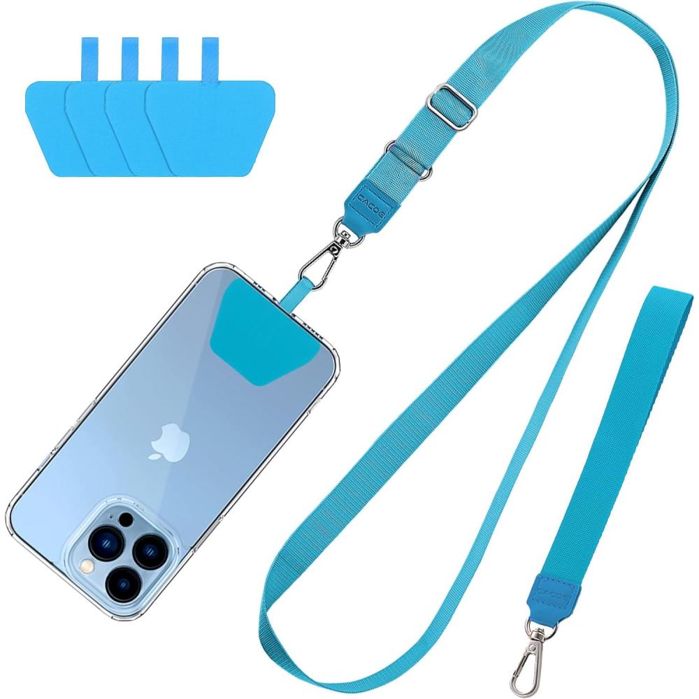 imageCACOE Phone Lanyard 2 Pcs1 Pcs Adjustable Neck Strap1 Pcs Wrist Strap2 PadsUniversal Crossbody Multifuctional Cell Phone Lanyards Compatible with Most SmartphonesBlackLight Blue