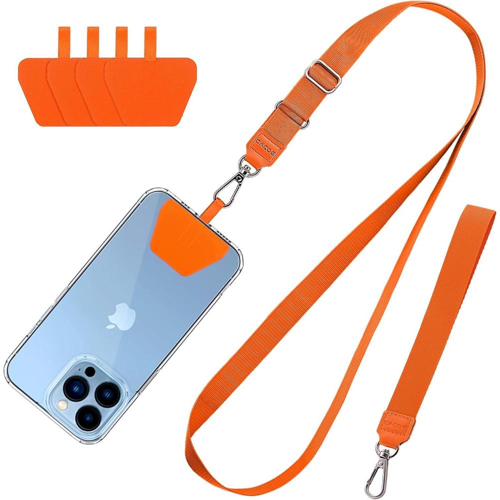 imageCACOE Phone Lanyard 2 Pcs1 Pcs Adjustable Neck Strap1 Pcs Wrist Strap2 PadsUniversal Crossbody Multifuctional Cell Phone Lanyards Compatible with Most SmartphonesBlackOrange