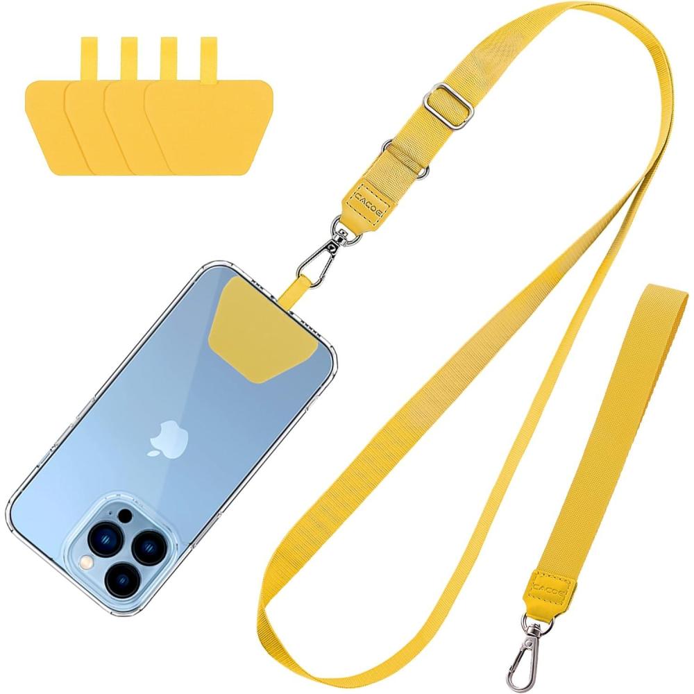 imageCACOE Phone Lanyard 2 Pcs1 Pcs Adjustable Neck Strap1 Pcs Wrist Strap2 PadsUniversal Crossbody Multifuctional Cell Phone Lanyards Compatible with Most SmartphonesBlackYellow
