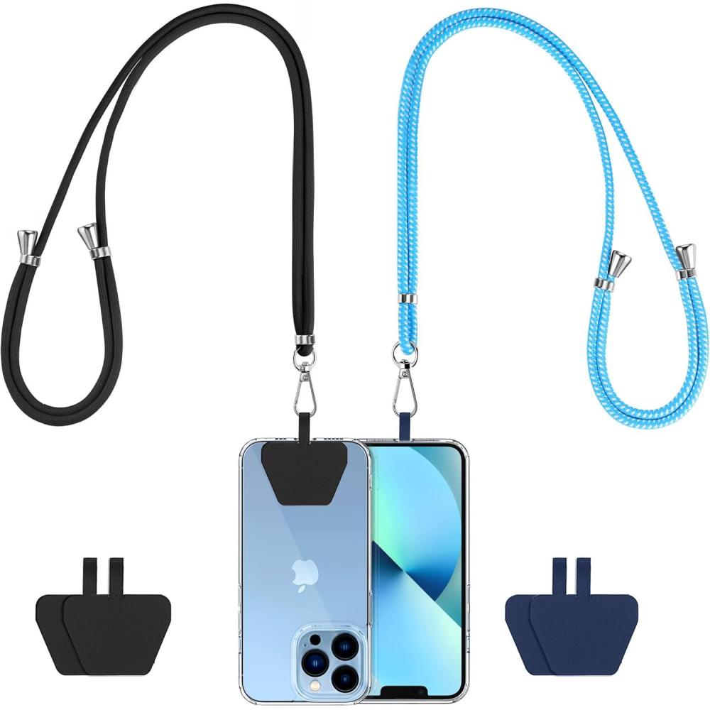 imageCACOE Phone Lanyard2 PCS Adjustable Neck StrapUniversal Crossbody Multifuctional Cell Phone Lanyards Compatible with Most SmartphonesBlackLight BlueBlackbright Blue