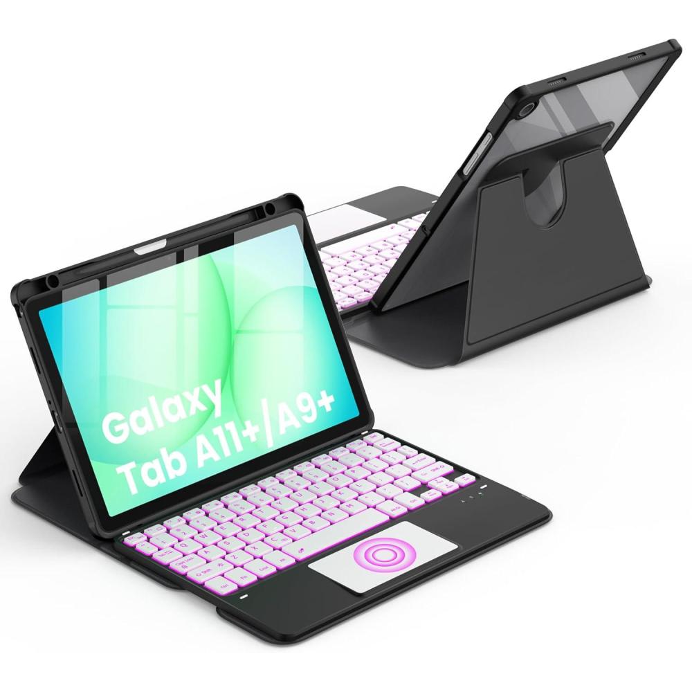 imageCACOE Rotating Keyboard Case for Samsung Galaxy Tab A11 Plus  A9 Plus 20252023 11 inch with Touchpad 7Color Backlight Detachable Wireless Keyboard 360 Rotation with Stand Function BlackRotation