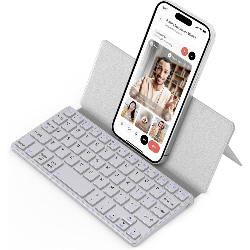 imageCACOE Wireless Keyboard with Stand Mini Keyboard for Cell Phone UltraSlim Portable Foldable DualChannel QWERTY with Stand Holder for Smartphone and More iOS Android Windows Ocean BlueGrey2