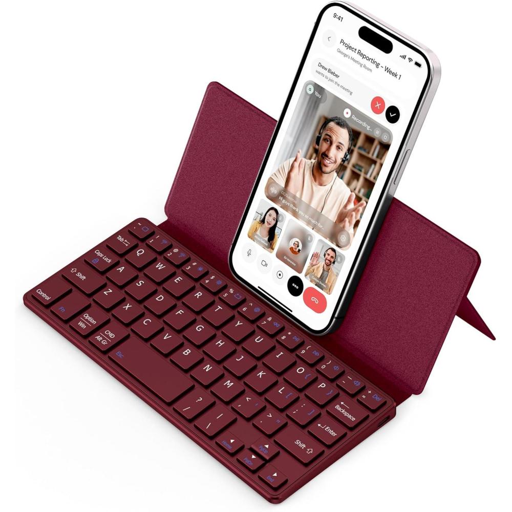 imageCACOE Wireless Keyboard with Stand Mini Keyboard for Cell Phone UltraSlim Portable Foldable DualChannel QWERTY with Stand Holder for Smartphone and More iOS Android Windows Ocean BlueWine Red