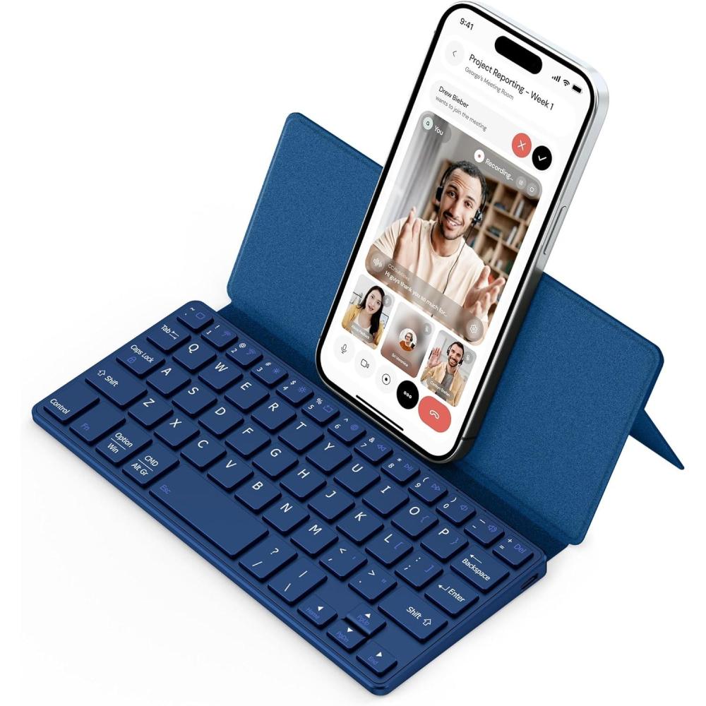 imageCACOE Wireless Keyboard with Stand Mini Keyboard for Cell Phone UltraSlim Portable Foldable DualChannel QWERTY with Stand Holder for Smartphone and More iOS Android Windows Ocean Blueblue
